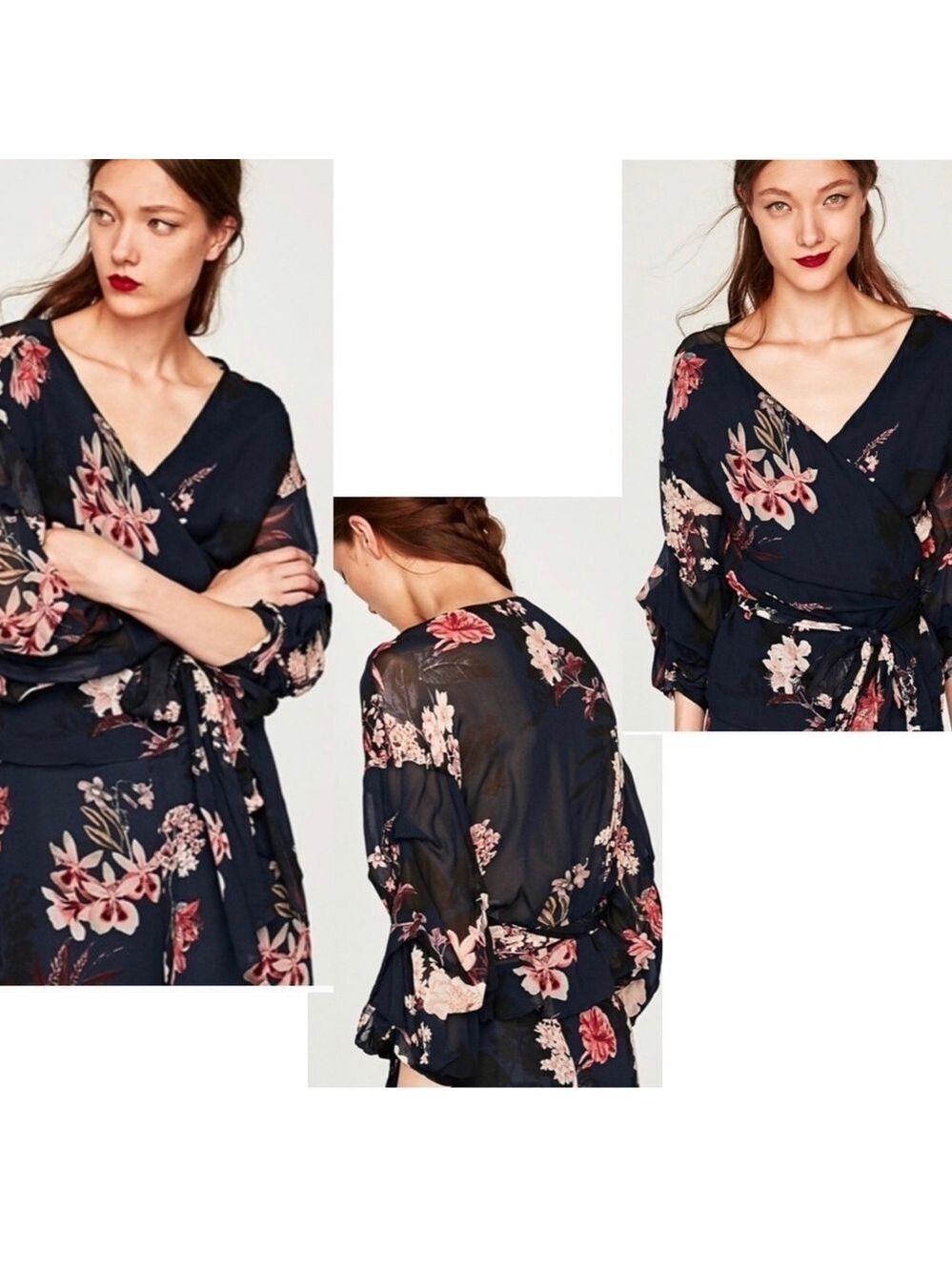 ZARA navy blue pink floral flower chiffon wrap blouse side tie Sz XS